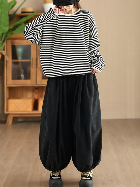 Women Casual Autumn Stripe O-Neck Cotton Blouse AX1035 Genistyle Shop