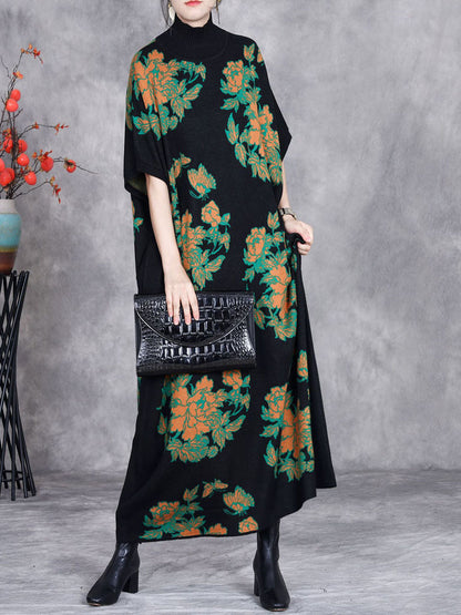 Women Autumn Artsy Flower Short Sleeve Half Turtleneck Knit Dress AX1038 Genistyle Shop