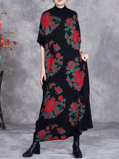 Women Autumn Artsy Flower Short Sleeve Half Turtleneck Knit Dress AX1038 Genistyle Shop