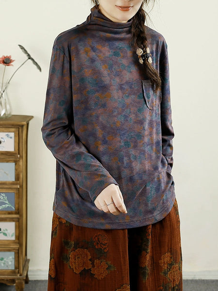 Women Autumn Artsy Floral Turtleneck Pocket Cotton Blouse AX1043 Genistyle Shop