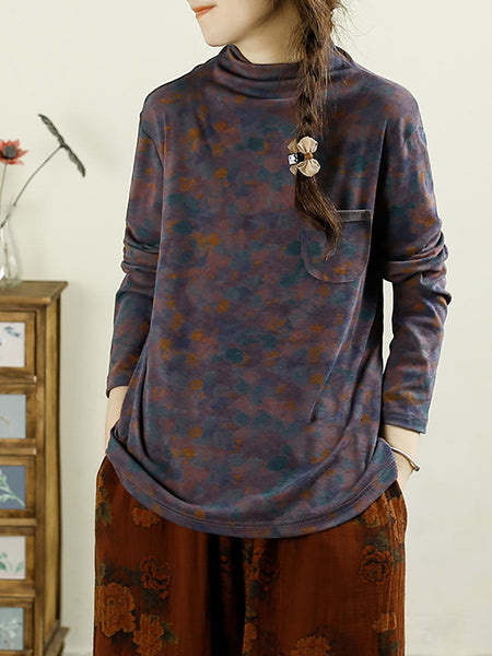 Women Autumn Artsy Floral Turtleneck Pocket Cotton Blouse AX1043 Genistyle Shop