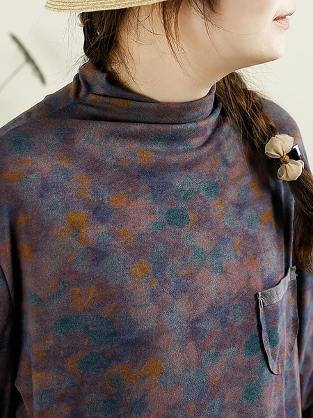 Women Autumn Artsy Floral Turtleneck Pocket Cotton Blouse AX1043 Genistyle Shop
