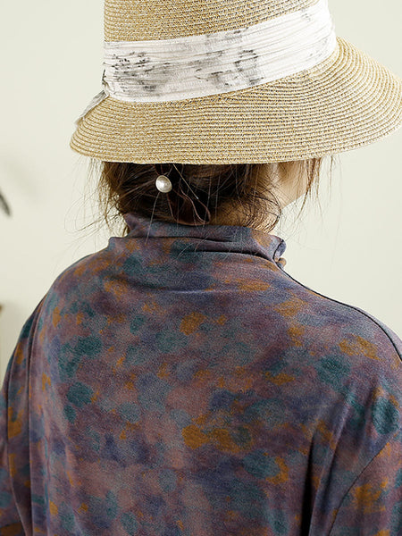 Women Autumn Artsy Floral Turtleneck Pocket Cotton Blouse AX1043 Genistyle Shop