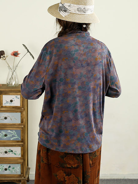 Women Autumn Artsy Floral Turtleneck Pocket Cotton Blouse AX1043 Genistyle Shop