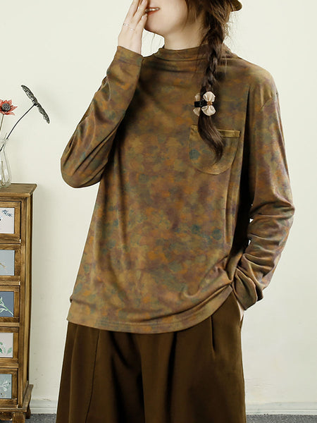 Women Autumn Artsy Floral Turtleneck Pocket Cotton Blouse AX1043 Genistyle Shop