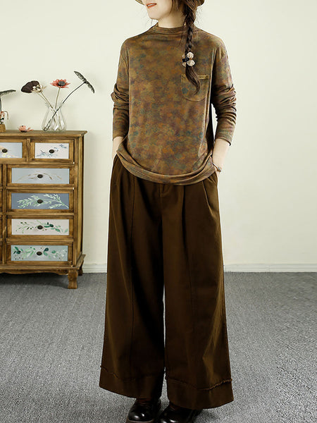 Women Autumn Artsy Floral Turtleneck Pocket Cotton Blouse AX1043 Genistyle Shop