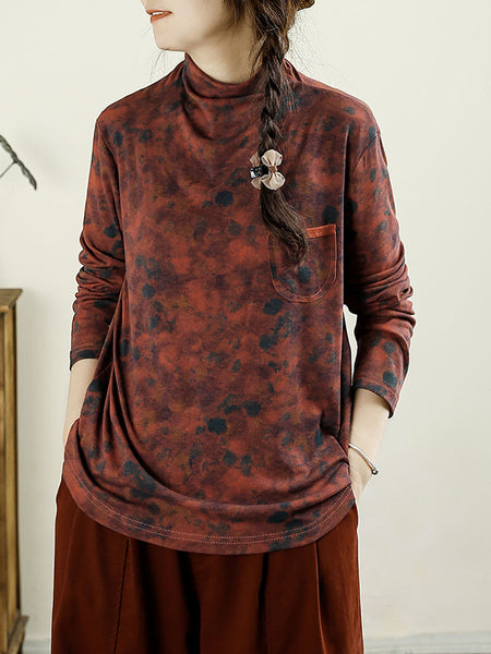 Women Autumn Artsy Floral Turtleneck Pocket Cotton Blouse AX1043 Genistyle Shop
