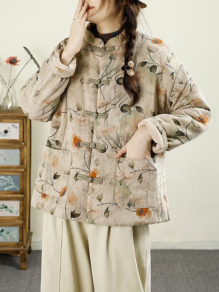 Women Ethnic Autumn Flower Cotton Stand Collar Coat AX1042 Genistyle Shop