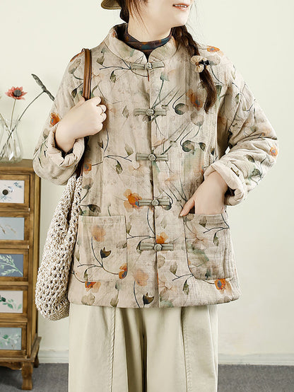 Women Ethnic Autumn Flower Cotton Stand Collar Coat AX1042 Genistyle Shop