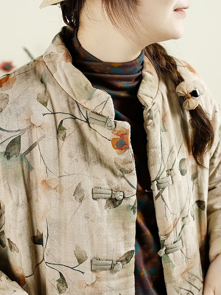 Women Ethnic Autumn Flower Cotton Stand Collar Coat AX1042 Genistyle Shop