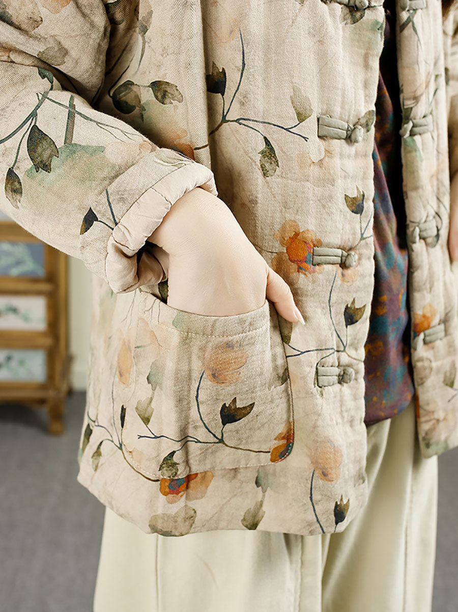 Women Ethnic Autumn Flower Cotton Stand Collar Coat AX1042 Genistyle Shop