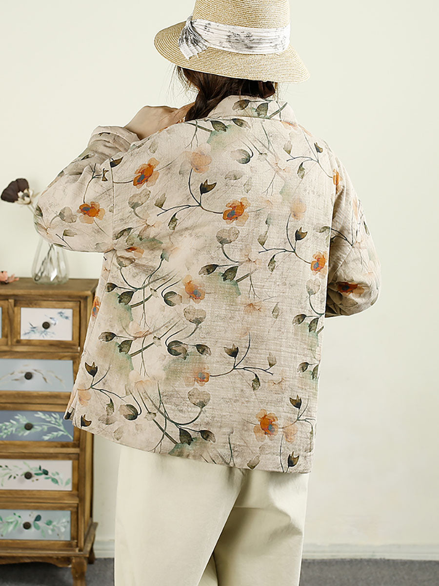 Women Ethnic Autumn Flower Cotton Stand Collar Coat AX1042 Genistyle Shop