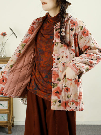 Women Ethnic Autumn Flower Cotton Stand Collar Coat AX1042 Genistyle Shop