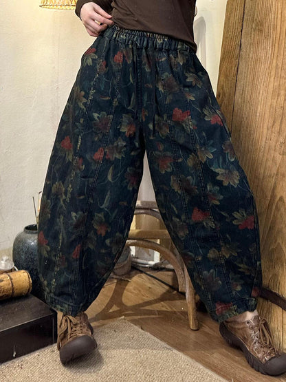 Women Autumn Retro Flower Spliced Denim Harem Pants AX1039 Genistyle Shop