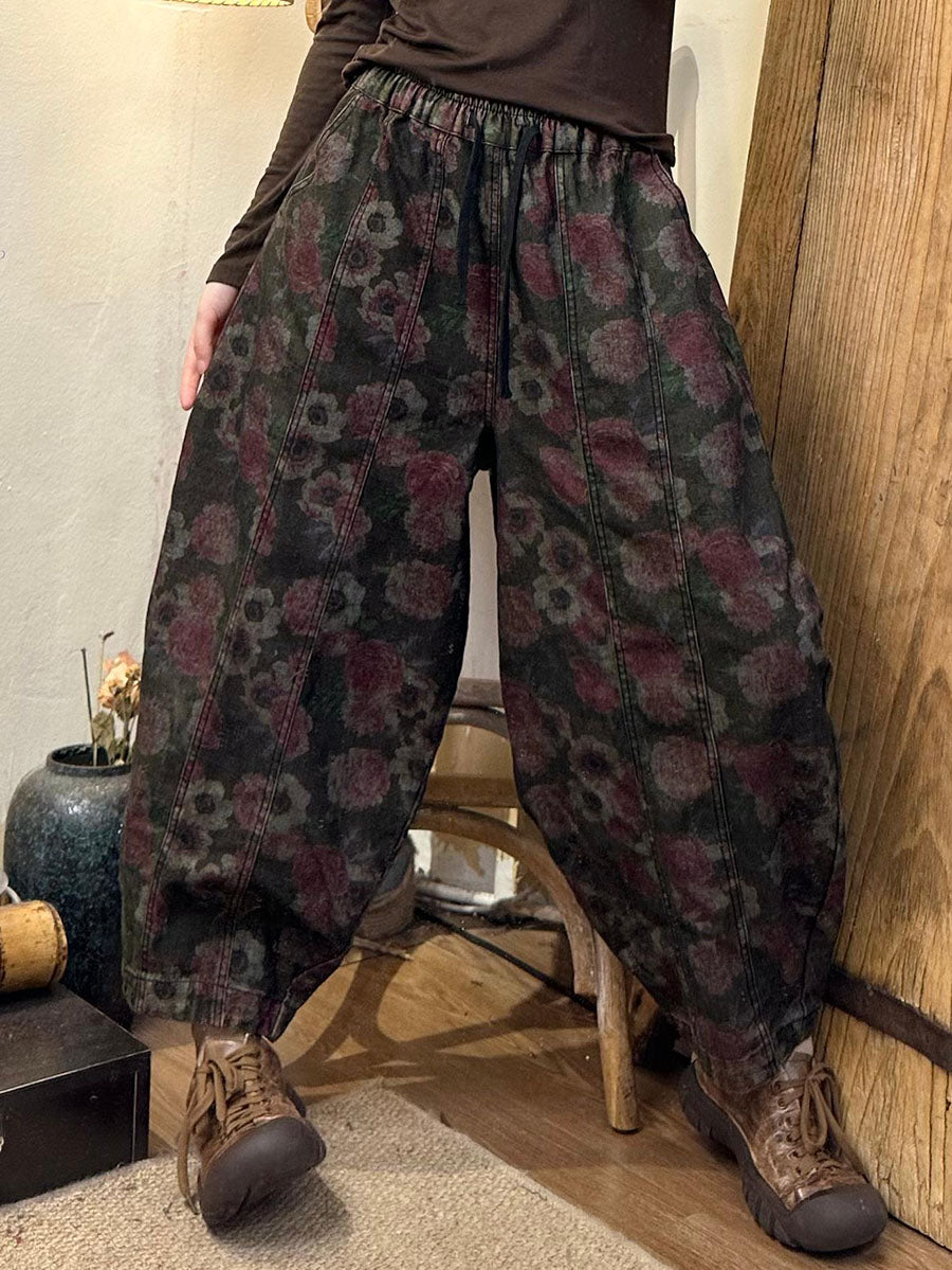 Women Autumn Retro Flower Spliced Denim Harem Pants AX1039 Genistyle Shop