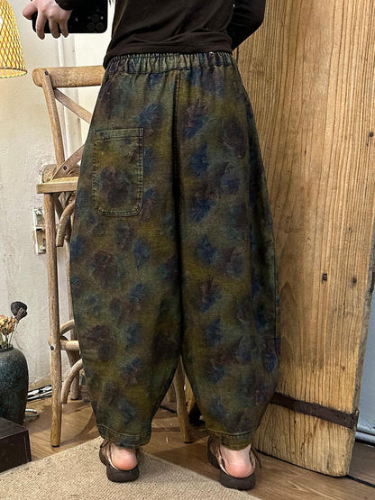 Women Autumn Retro Flower Spliced Denim Harem Pants AX1039 Genistyle Shop