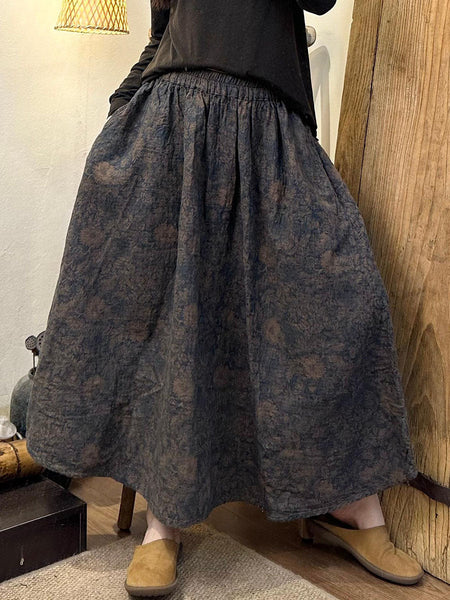 Women Autumn Flower Linen Loose Skirt AX1040 Genistyle Shop
