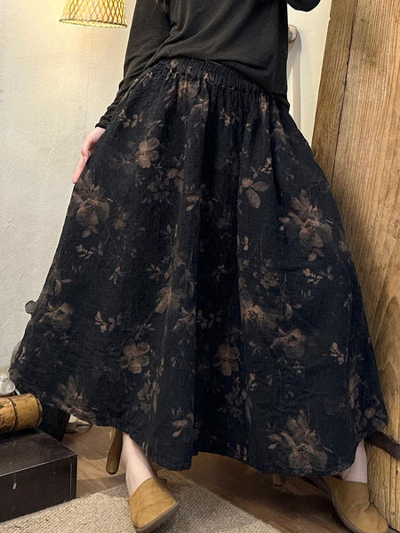Women Autumn Flower Linen Loose Skirt AX1040 Genistyle Shop