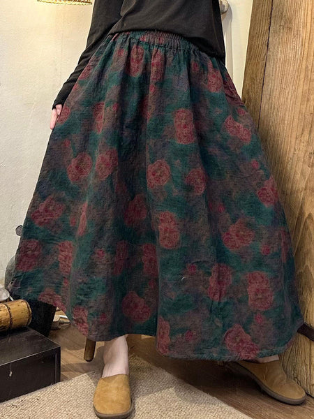 Women Autumn Flower Linen Loose Skirt AX1040 Genistyle Shop