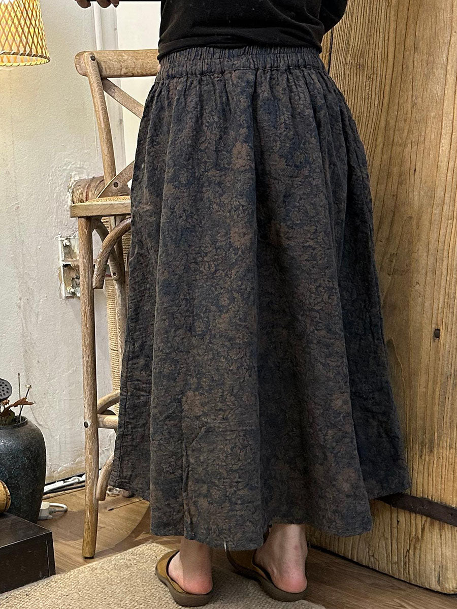 Women Autumn Flower Linen Loose Skirt AX1040 Genistyle Shop