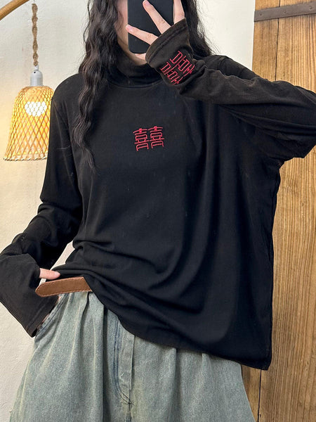 Women Autumn Embroidery Turtleneck Cotton Sweatshirt AX1022 Genistyle Shop