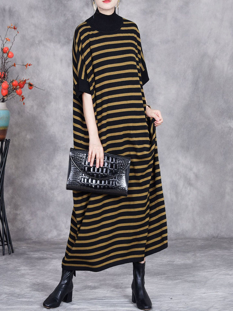 Women Autumn Stripe Short Sleeve Half Turtleneck Knit Dress AV1012 Genistyle Shop