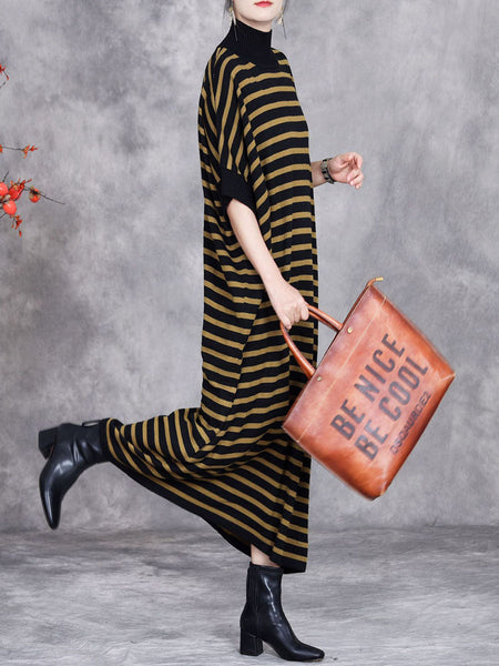 Women Autumn Stripe Short Sleeve Half Turtleneck Knit Dress AV1012 Genistyle Shop