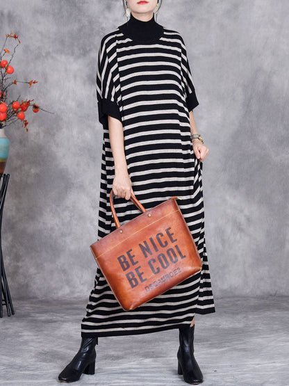 Women Autumn Stripe Short Sleeve Half Turtleneck Knit Dress AV1012 Genistyle Shop