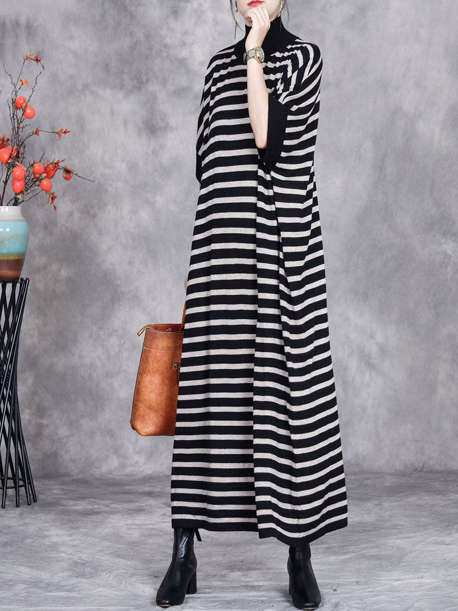 Women Autumn Stripe Short Sleeve Half Turtleneck Knit Dress AV1012 Genistyle Shop