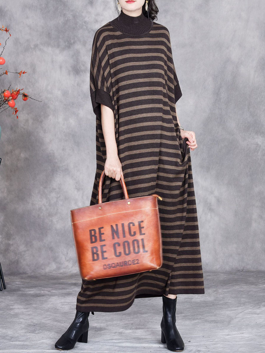 Women Autumn Stripe Short Sleeve Half Turtleneck Knit Dress AV1012 Genistyle Shop