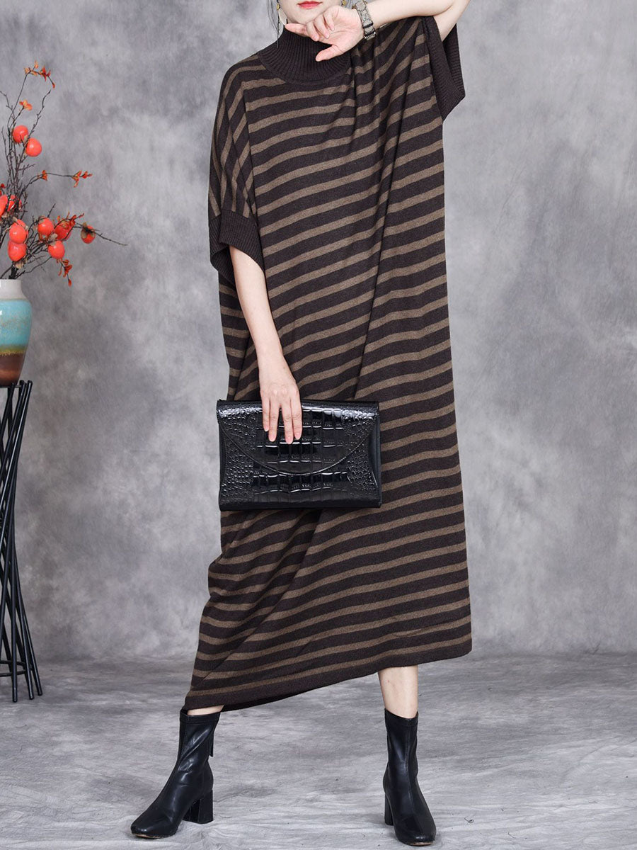 Women Autumn Stripe Short Sleeve Half Turtleneck Knit Dress AV1012 Genistyle Shop