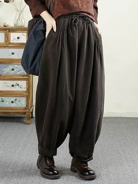 Women Autumn Vintage Solid Shirred Linen Harem Pants AV1014 Genistyle Shop