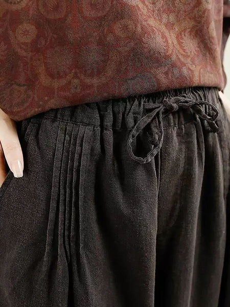 Women Autumn Vintage Solid Shirred Linen Harem Pants AV1014 Genistyle Shop