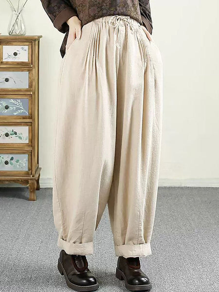Women Autumn Vintage Solid Shirred Linen Harem Pants AV1014 Genistyle Shop