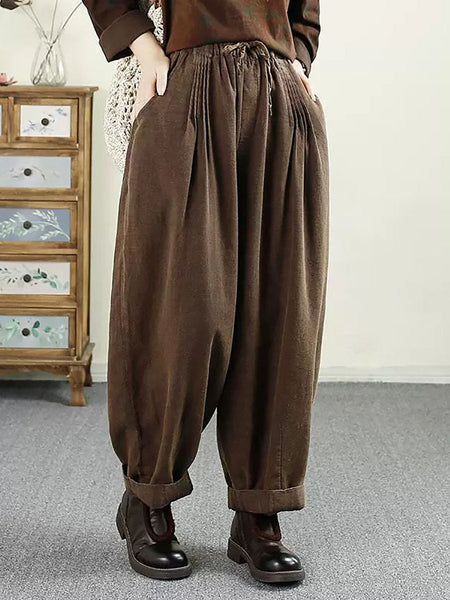 Women Autumn Vintage Solid Shirred Linen Harem Pants AV1014 Genistyle Shop