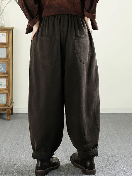 Women Autumn Vintage Solid Shirred Linen Harem Pants AV1014 Genistyle Shop