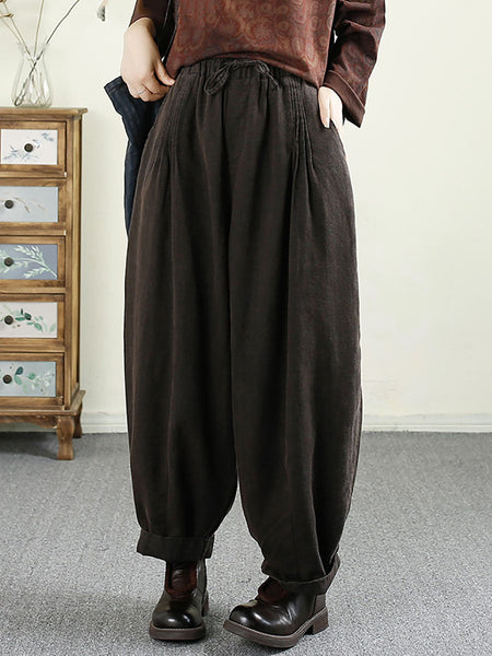 Women Autumn Vintage Solid Shirred Linen Harem Pants AV1014 Genistyle Shop