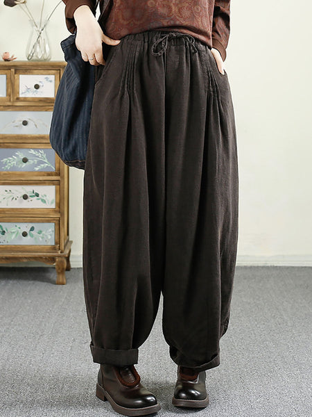 Women Autumn Vintage Solid Shirred Linen Harem Pants AV1014 Genistyle Shop