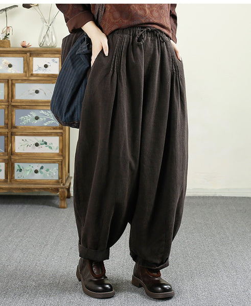 Women Autumn Vintage Solid Shirred Linen Harem Pants AV1014 Genistyle Shop