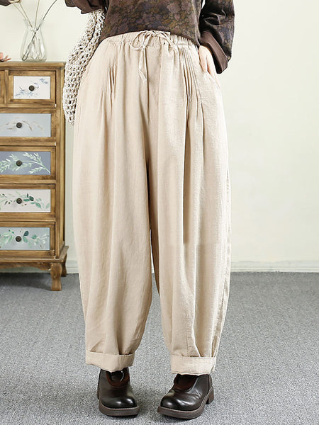 Women Autumn Vintage Solid Shirred Linen Harem Pants AV1014 Genistyle Shop