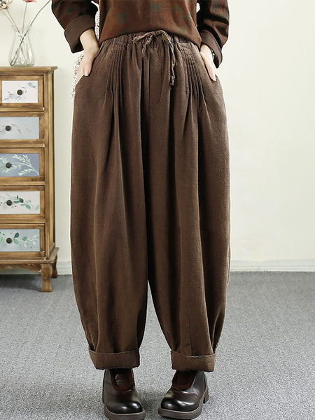 Women Autumn Vintage Solid Shirred Linen Harem Pants AV1014 Genistyle Shop