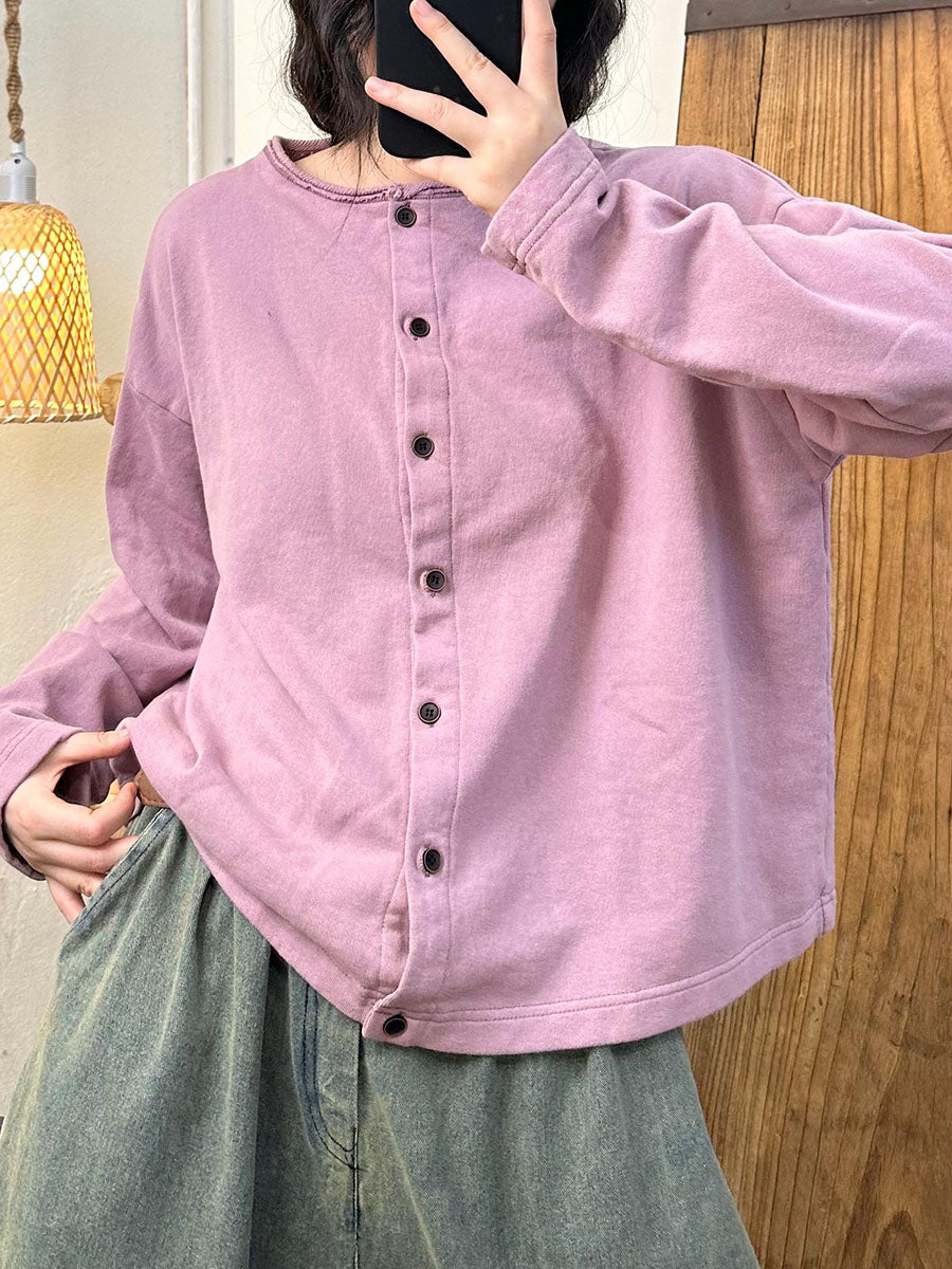 Women Casual Autumn Solid O-Neck Button Cotton Blouse AV1015 Genistyle Shop