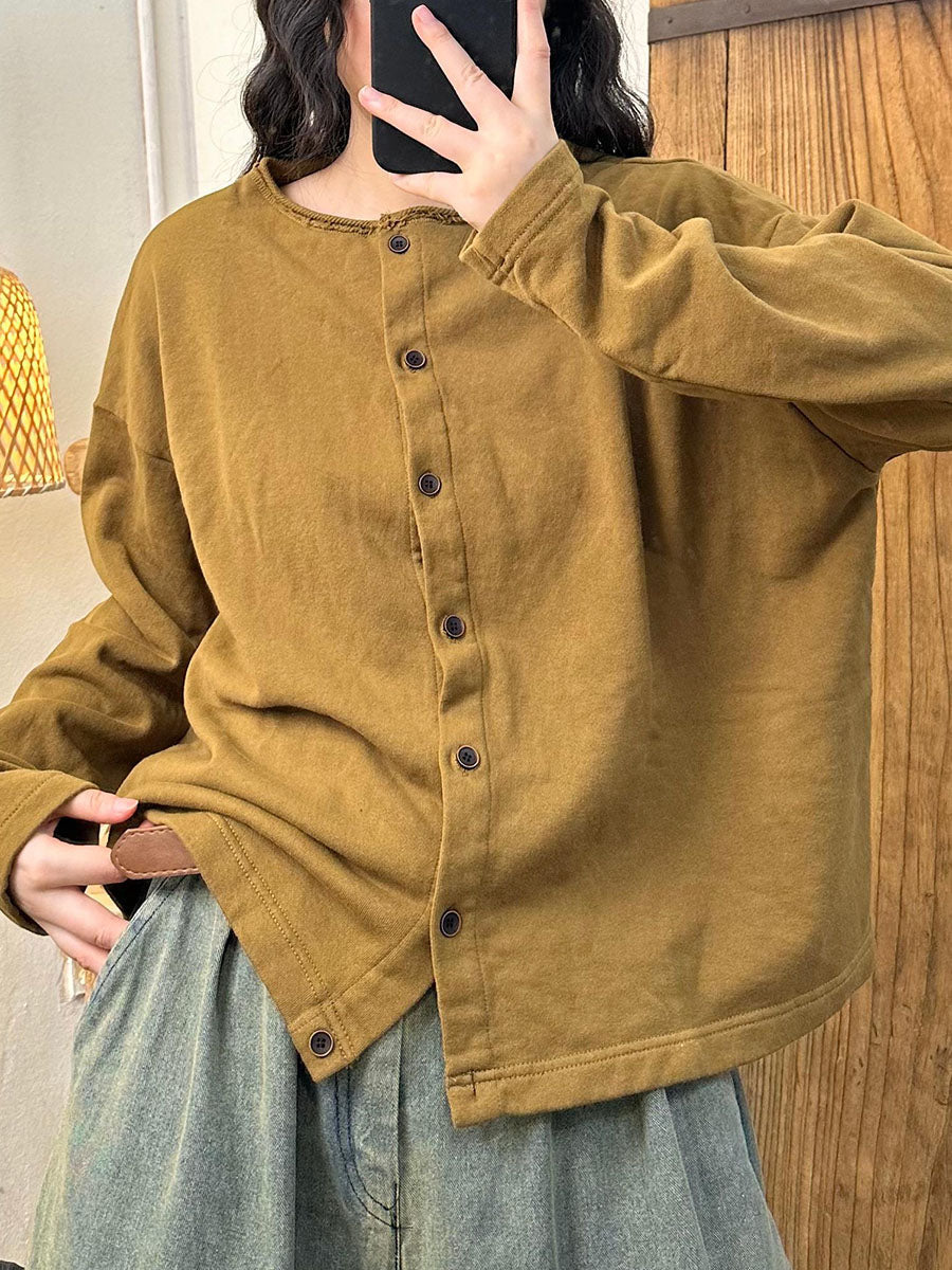 Women Casual Autumn Solid O-Neck Button Cotton Blouse AV1015 Genistyle Shop