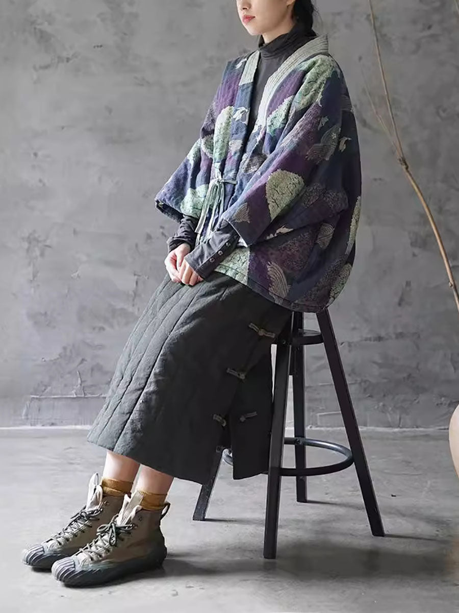 Women Ethnic Autumn Print Strap Cotton Padded Coat WG020 BK