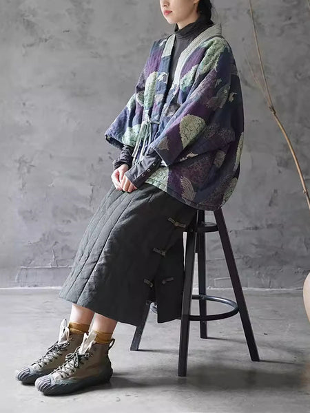 Women Ethnic Autumn Print Strap Cotton Padded Coat WG020 BK