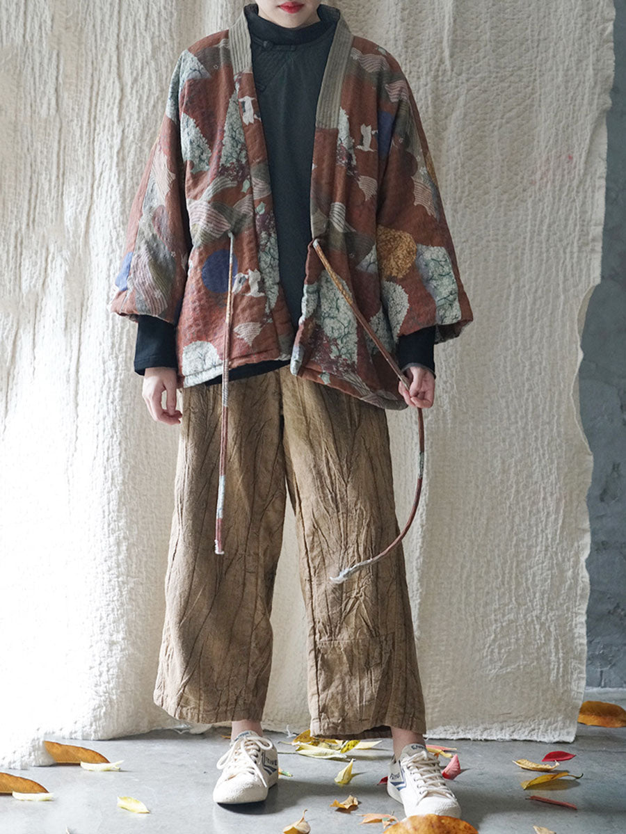 Women Ethnic Autumn Print Strap Cotton Padded Coat WG020 BK