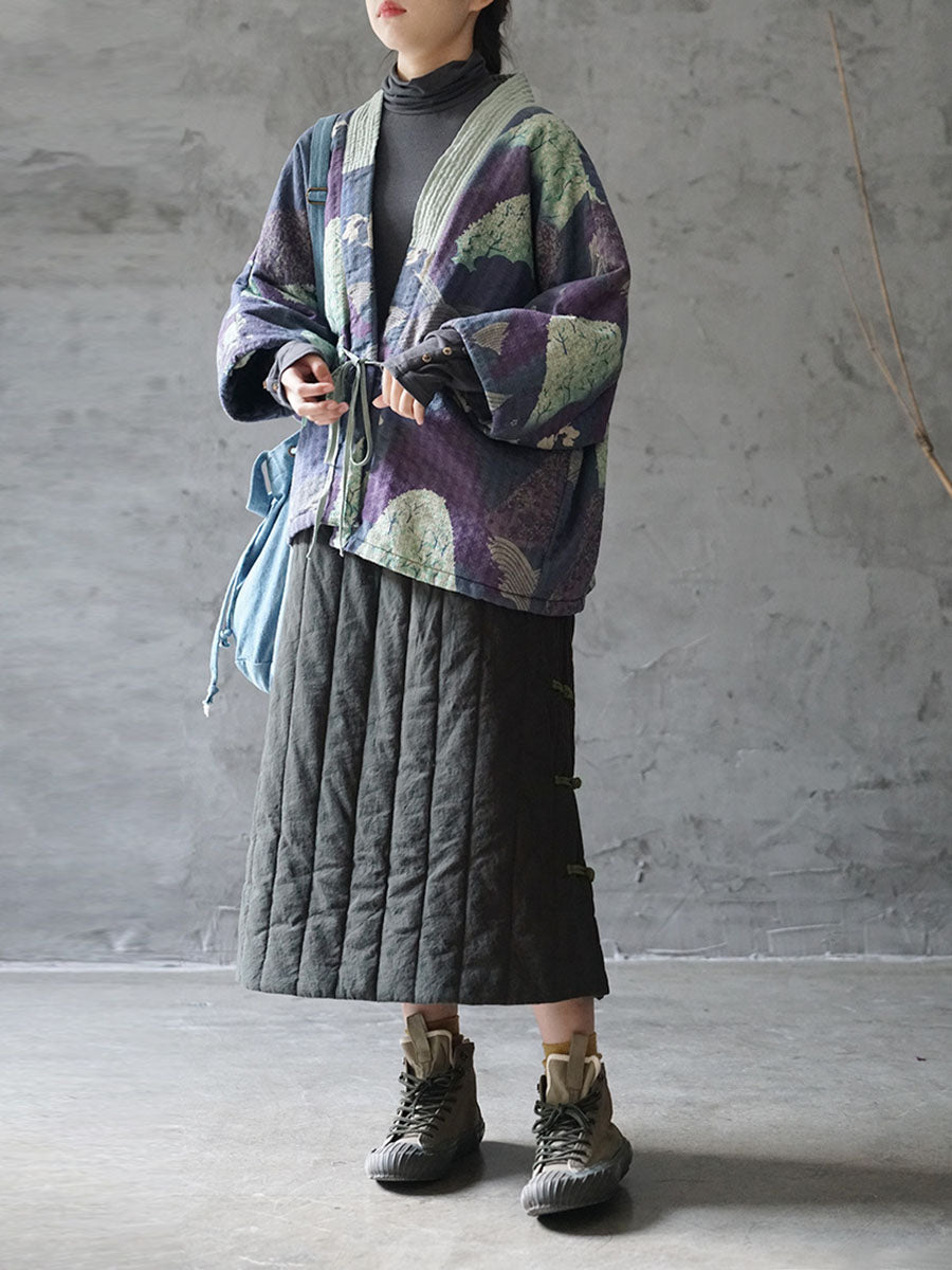 Women Ethnic Autumn Print Strap Cotton Padded Coat WG020 BK