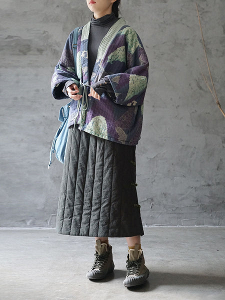 Women Ethnic Autumn Print Strap Cotton Padded Coat WG020 BK