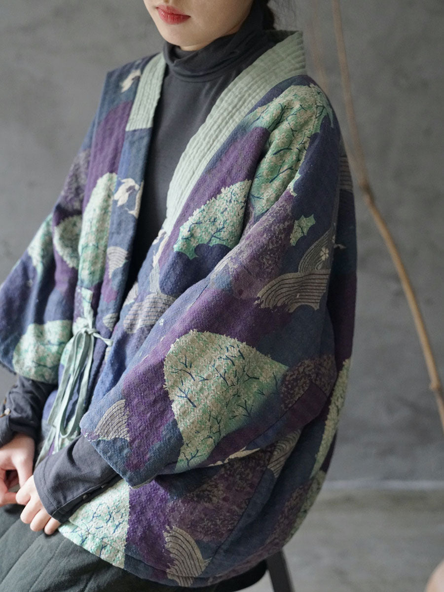 Women Ethnic Autumn Print Strap Cotton Padded Coat WG020 BK