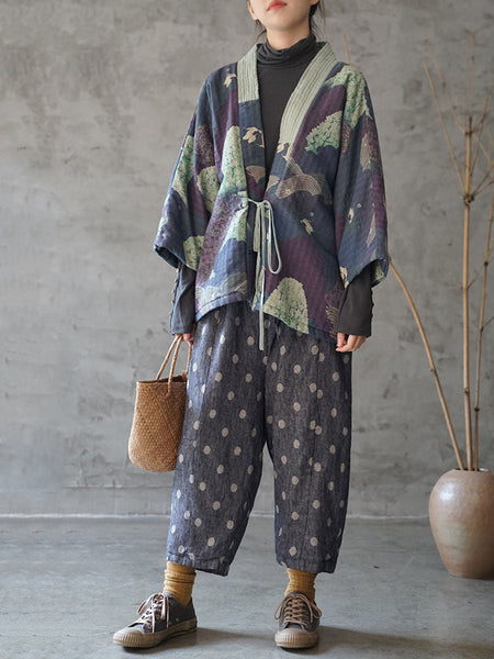 Women Ethnic Autumn Print Strap Cotton Padded Coat WG020 BK